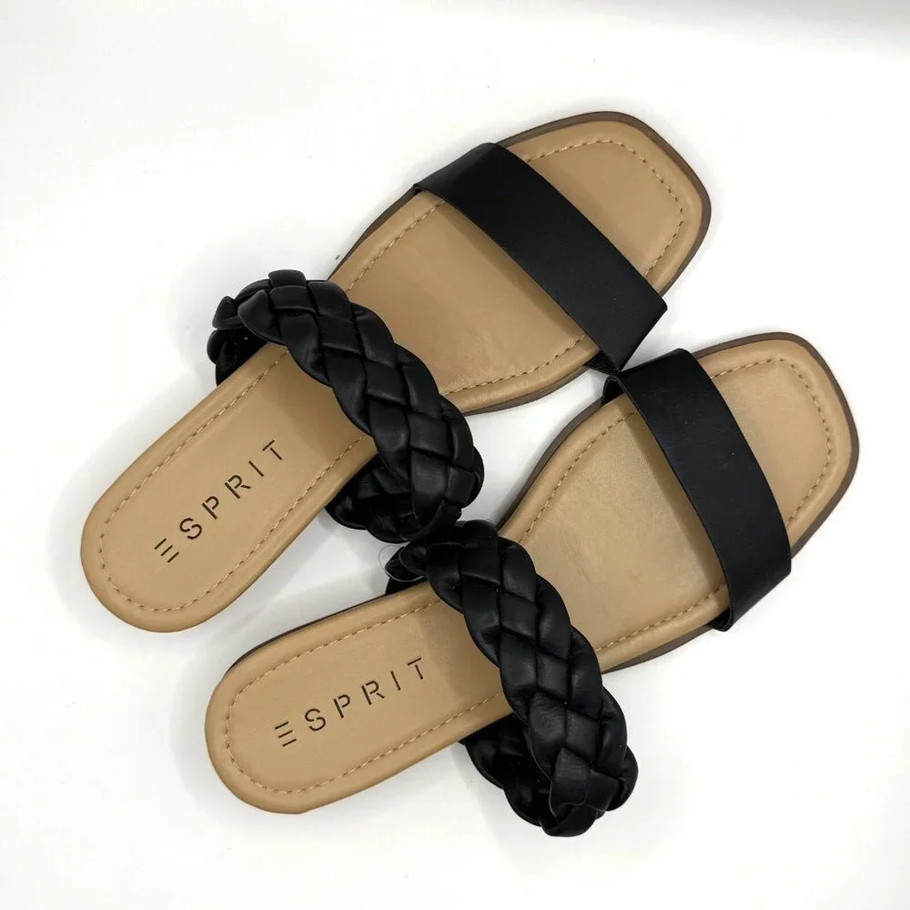 Esprit Dansel Black Double Strap Cork Wedge Slide Sandals Platform Shoes 8M NWOB